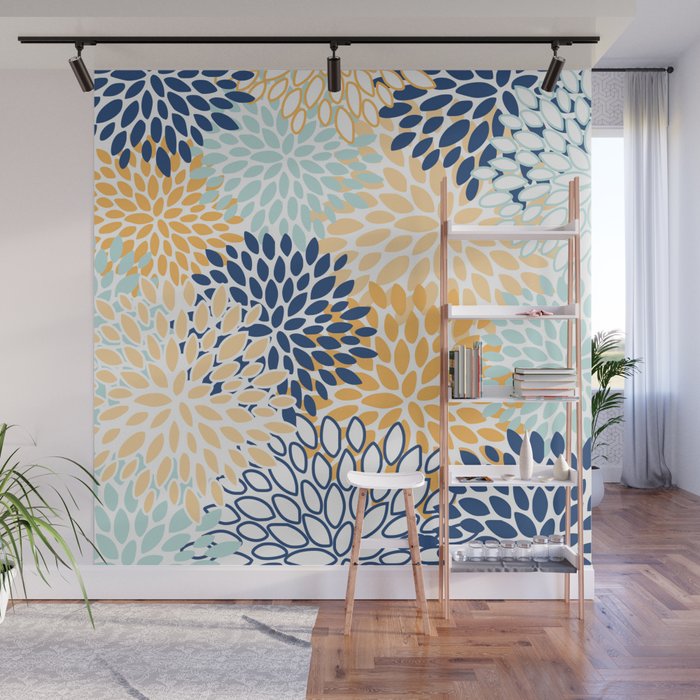 Modern, Floral Prints, Navy, Blue and Yellow Wall Mural Gallery Image 1