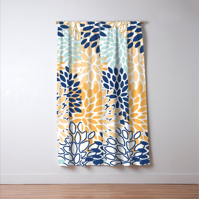 Modern, Floral Prints, Navy, Blue and Yellow Window Curtain Gallery Image 3