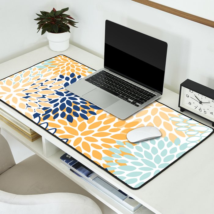 Modern, Floral Prints, Navy, Blue and Yellow Desk Mat Gallery Image 2