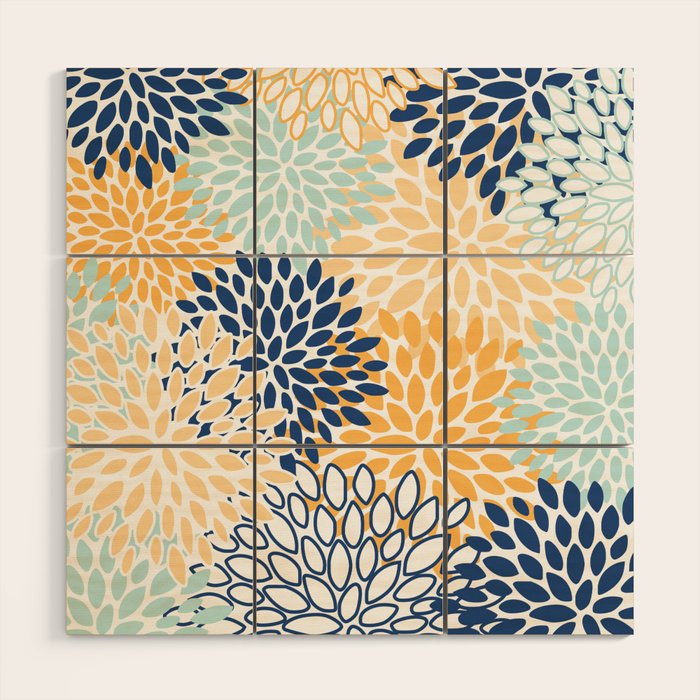 Modern, Floral Prints, Navy, Blue and Yellow Wood Wall Art Gallery Image 1