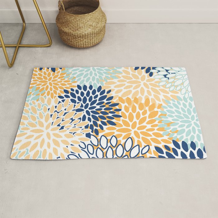 Modern, Floral Prints, Navy, Blue and Yellow Rug Gallery Image 1