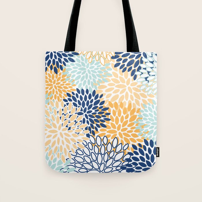 Modern, Floral Prints, Navy, Blue and Yellow Tote Bag Gallery Image 1