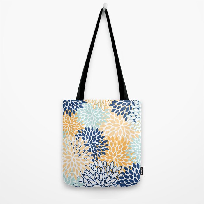 Modern, Floral Prints, Navy, Blue and Yellow Tote Bag Gallery Image 2