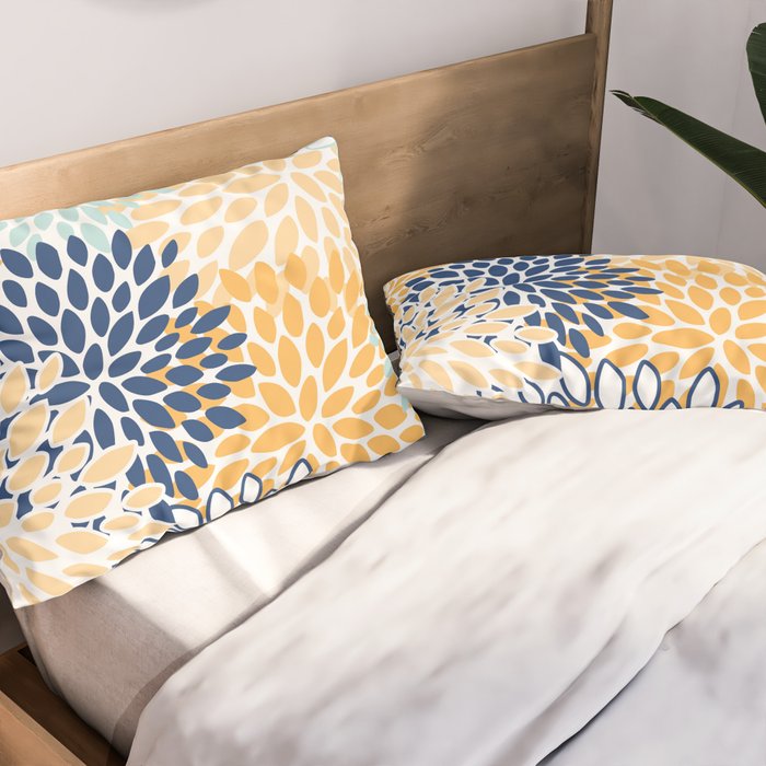 Modern, Floral Prints, Navy, Blue and Yellow Pillow Sham Gallery Image 2