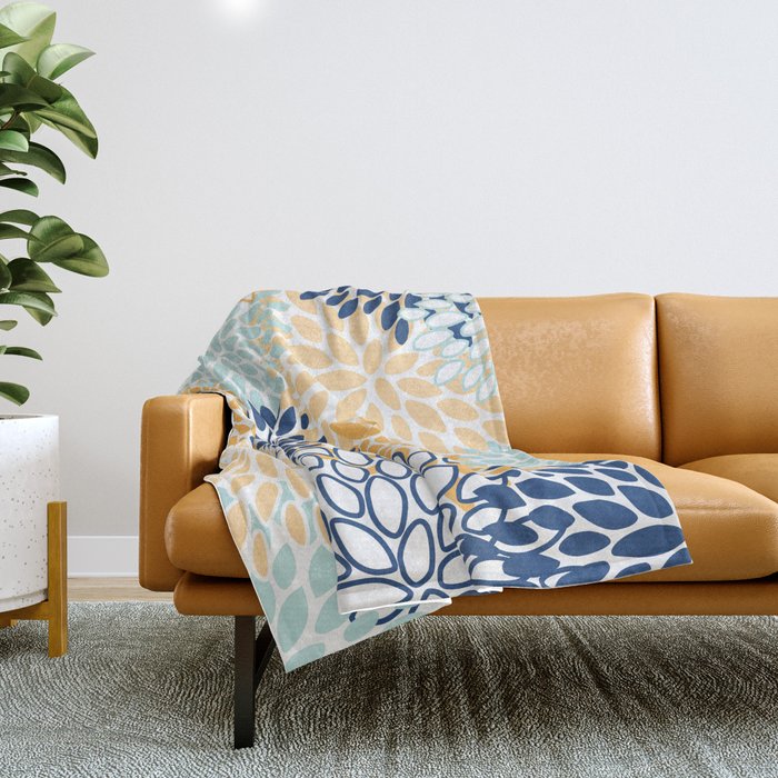 Modern, Floral Prints, Navy, Blue and Yellow Throw Blanket Gallery Image 1