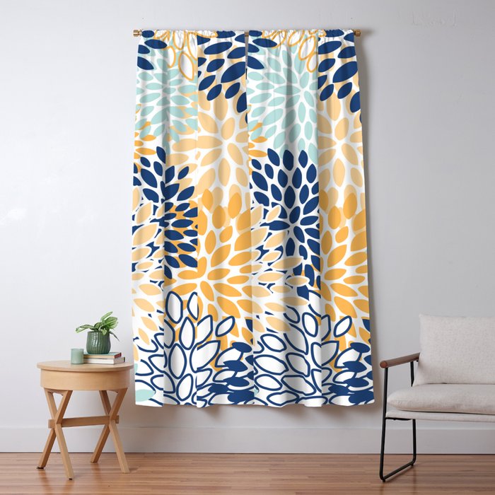 Modern, Floral Prints, Navy, Blue and Yellow Window Curtain Gallery Image 1