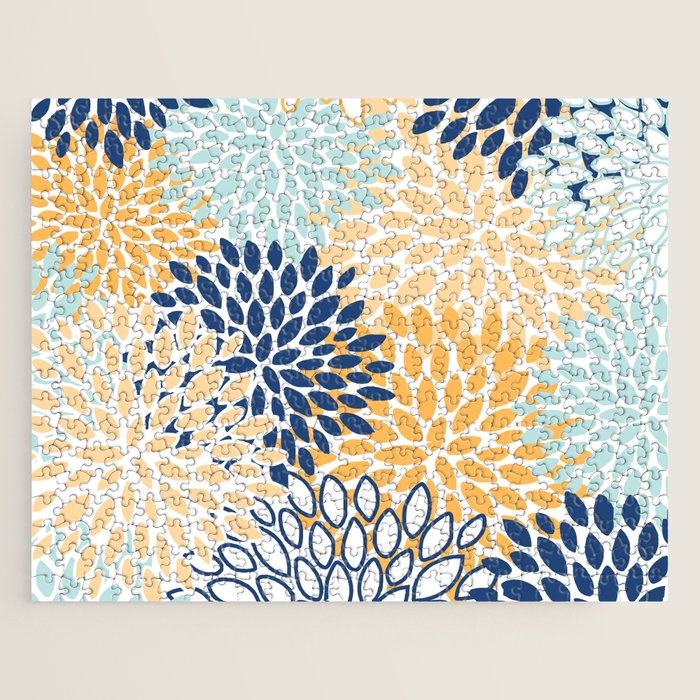 Modern, Floral Prints, Navy, Blue and Yellow Jigsaw Puzzle Gallery Image 1