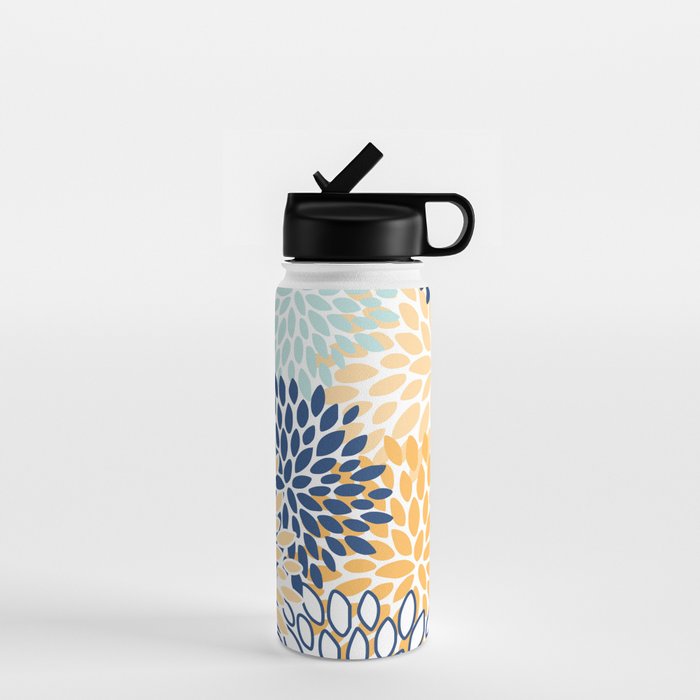 Modern, Floral Prints, Navy, Blue and Yellow Water Bottle Gallery Image 1