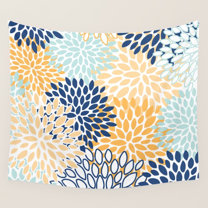 Modern, Floral Prints, Navy, Blue and Yellow Wall Tapestry Gallery Image 1