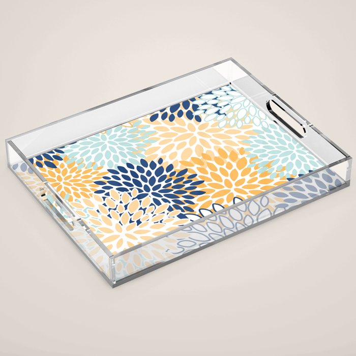 Modern, Floral Prints, Navy, Blue and Yellow Acrylic Tray Gallery Image 1