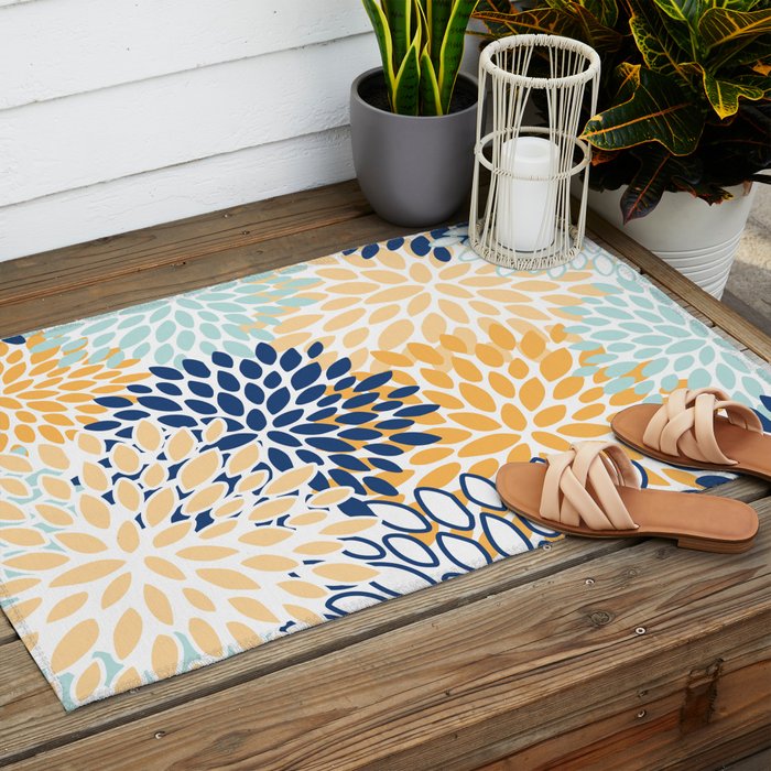 Modern, Floral Prints, Navy, Blue and Yellow Outdoor Rug Gallery Image 2