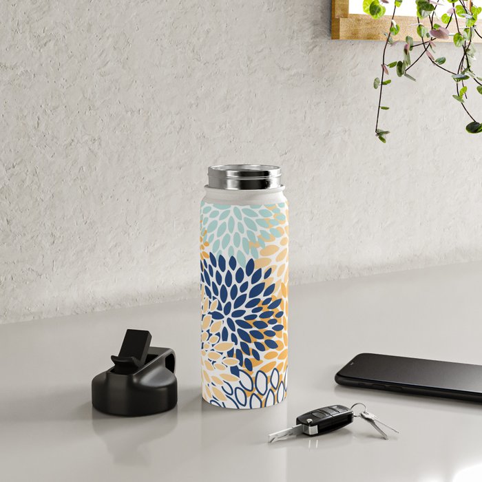 Modern, Floral Prints, Navy, Blue and Yellow Water Bottle Gallery Image 4