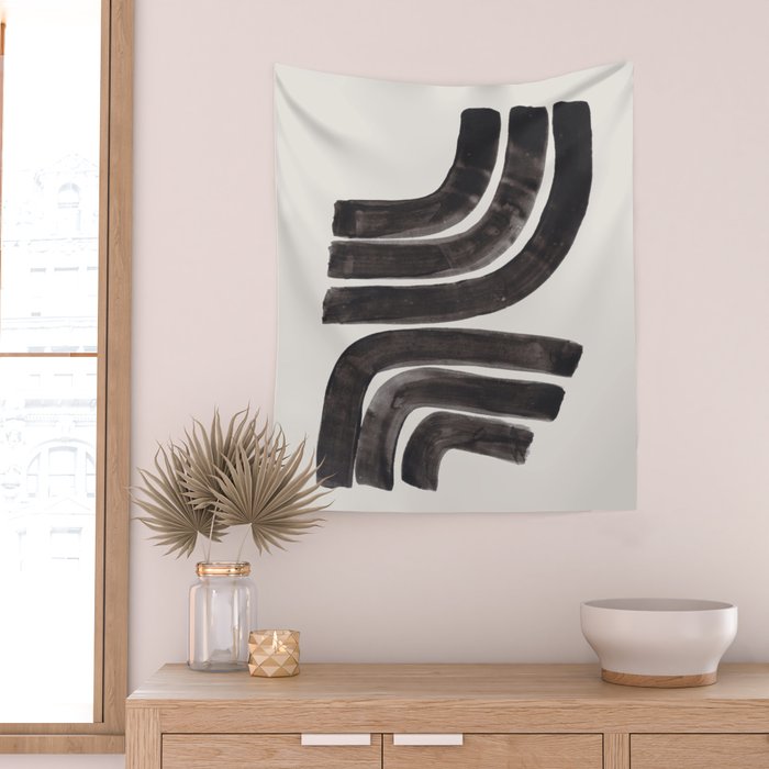 Don't Go Mid Century Modern Minimalist Black Ink Painting Funky Tribal Art Wall Tapestry Gallery Image 2