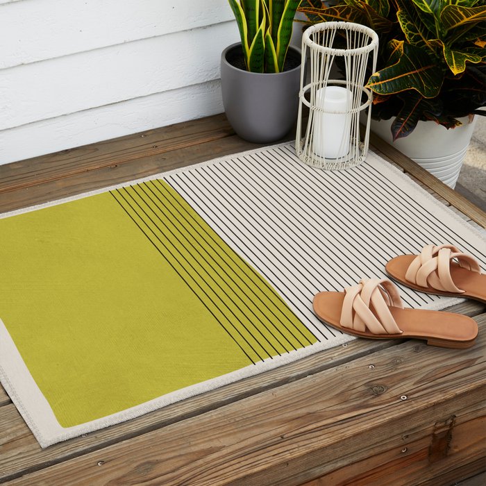 Modern Chartreuse Color Block Black Lines Outdoor Rug Gallery Image 2