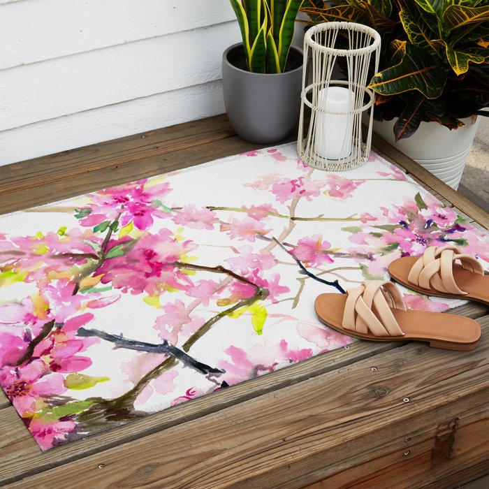 Cherry Blossom, Sakura, Japanese Floral art Outdoor Rug Gallery Image 2