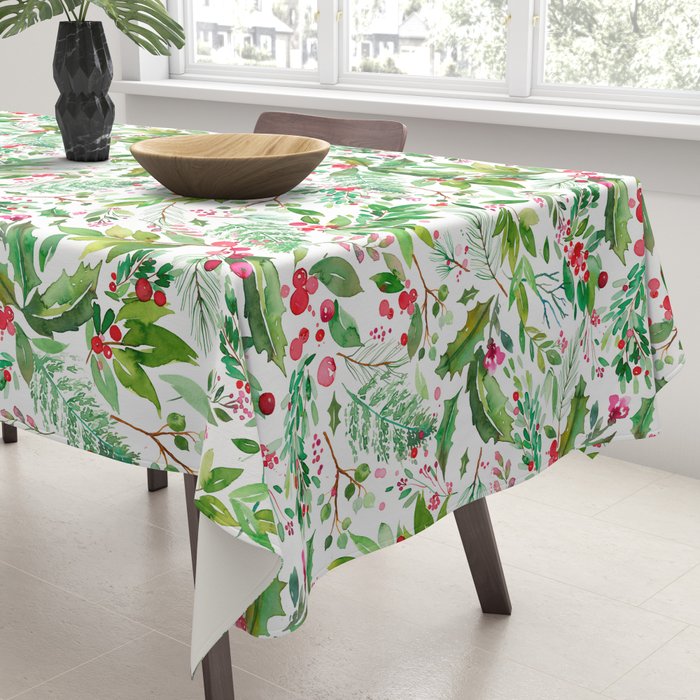 Holiday Christmas Winter Nature Botanical Leaves Green Tablecloth Gallery Image 3