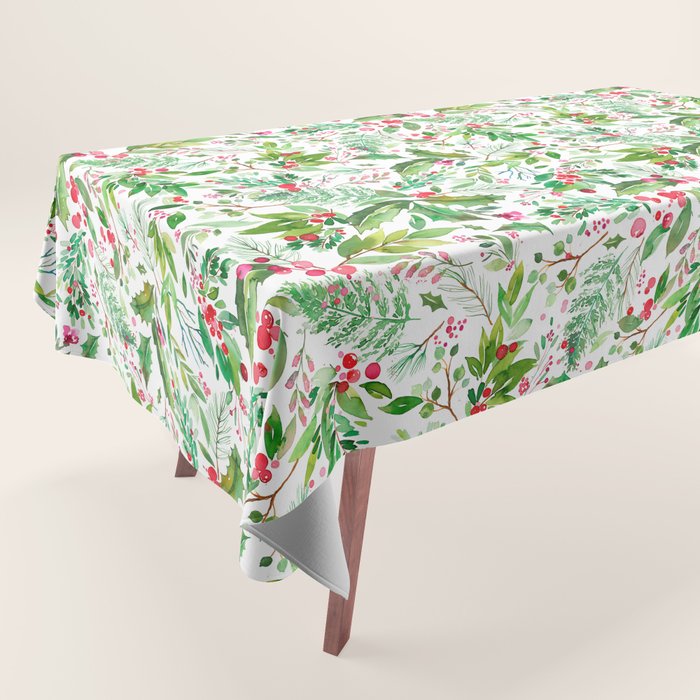 Holiday Christmas Winter Nature Botanical Leaves Green Tablecloth Gallery Image 1