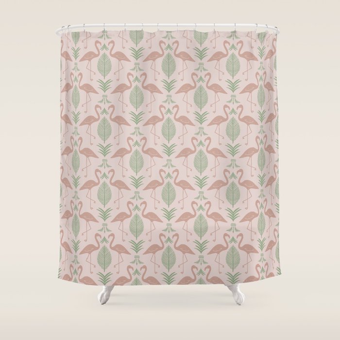 Palm Flamingos . Light Blush Shower Curtain Gallery Image 1