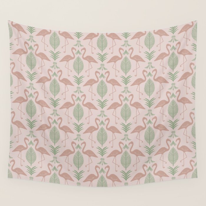 Palm Flamingos . Light Blush Wall Tapestry Gallery Image 1