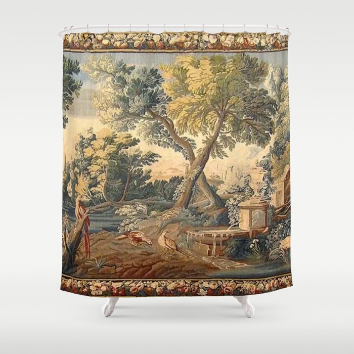 Antique 17th Century French Aubusson Verdure Garden Tapestry Shower Curtain Gallery Image 1