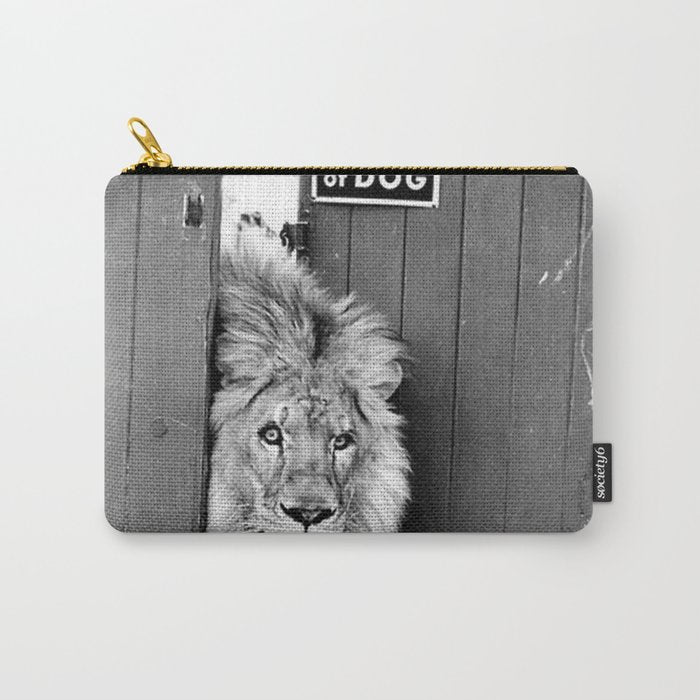 Beware of Dog black and white photograph of attack lion humorous black and white photography Carry All Pouch Gallery Image 1