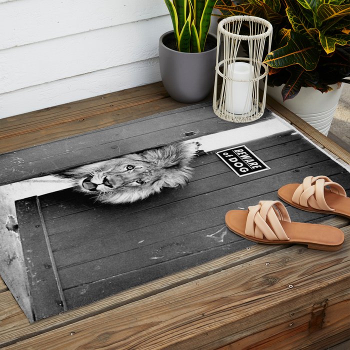 Beware of Dog black and white photograph of attack lion humorous black and white photography Outdoor Rug Gallery Image 2