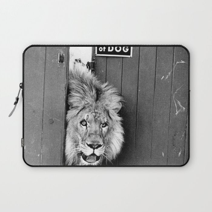 Beware of Dog black and white photograph of attack lion humorous black and white photography Laptop Sleeve Gallery Image 1