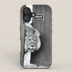 Beware of Dog black and white photograph of attack lion humorous black and white photography iPhone Case Gallery Image 1