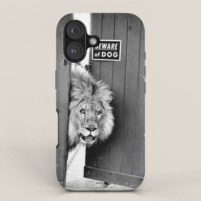 Beware of Dog black and white photograph of attack lion humorous black and white photography iPhone Case Gallery Image 1