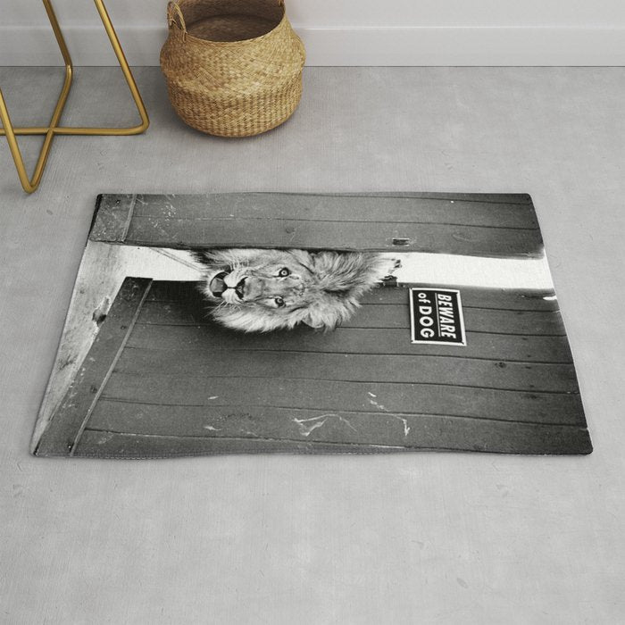 Beware of Dog black and white photograph of attack lion humorous black and white photography Rug Gallery Image 1