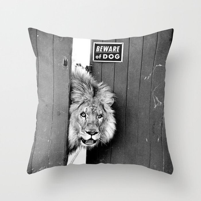 Beware of Dog black and white photograph of attack lion humorous black and white photography Throw Pillow Gallery Image 1