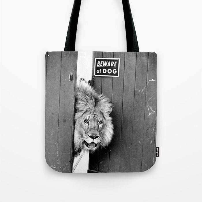Beware of Dog black and white photograph of attack lion humorous black and white photography Tote Bag Gallery Image 1