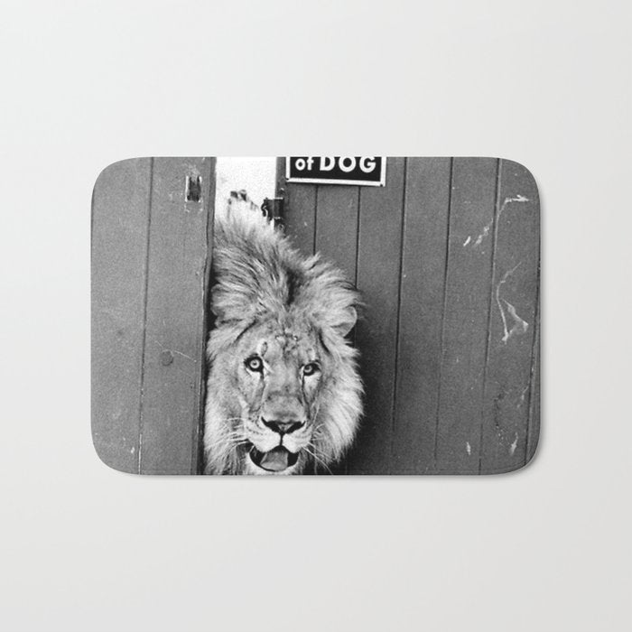 Beware of Dog black and white photograph of attack lion humorous black and white photography Bath Mat Gallery Image 1