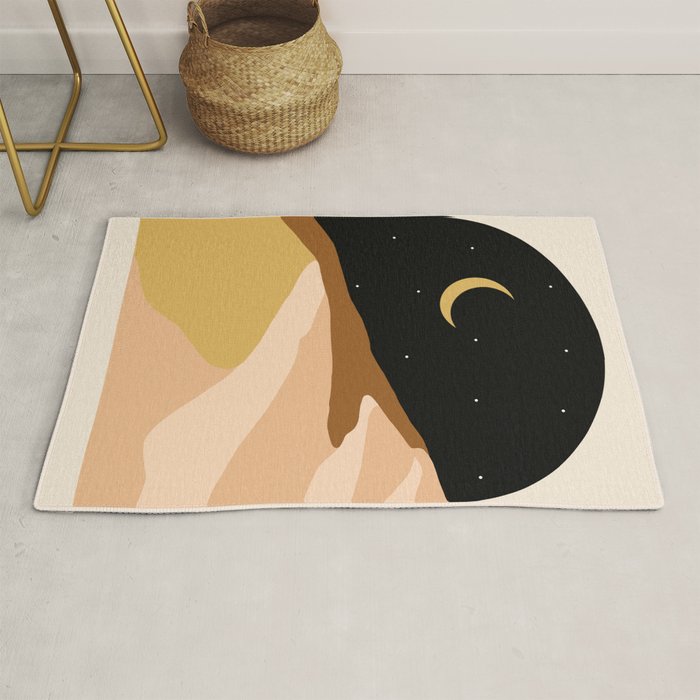 Desert Nights, Modern Bohemian Travel Sand Dunes, Eclectic Moon Stars Vintage Arc, Pastel Building Nature Landscape  Rug Gallery Image 1