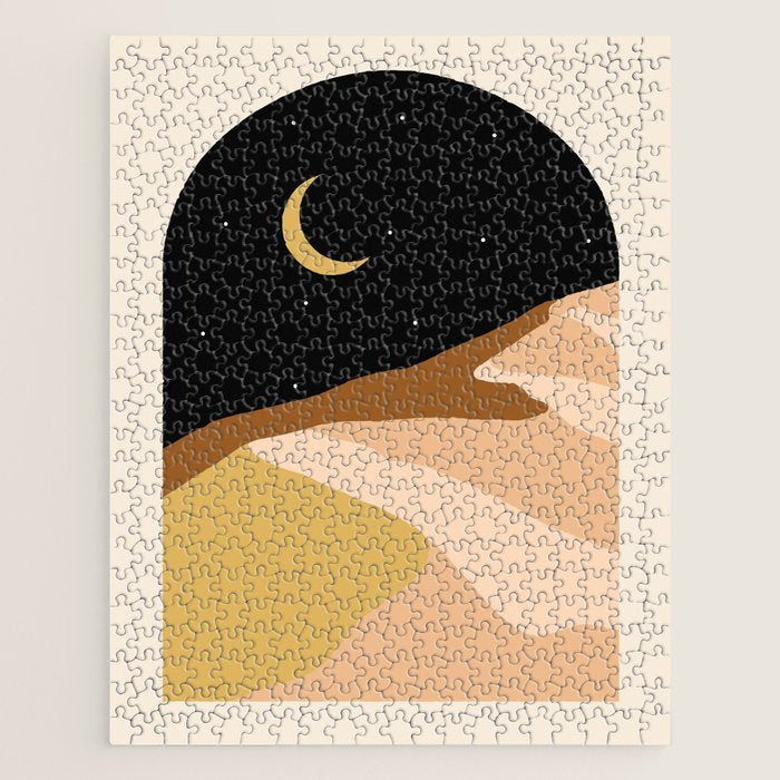 Desert Nights, Modern Bohemian Travel Sand Dunes, Eclectic Moon Stars Vintage Arc, Pastel Building Nature Landscape  Jigsaw Puzzle Gallery Image 1