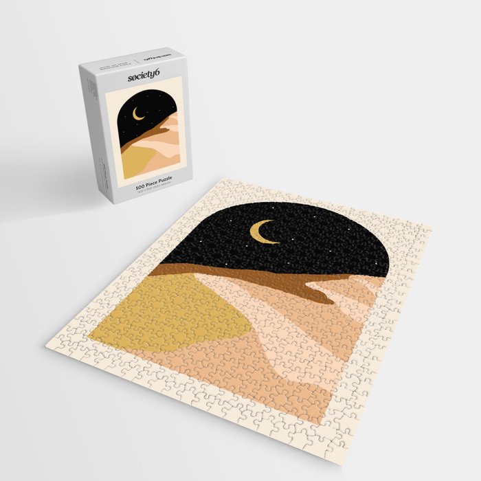 Desert Nights, Modern Bohemian Travel Sand Dunes, Eclectic Moon Stars Vintage Arc, Pastel Building Nature Landscape  Jigsaw Puzzle Gallery Image 2