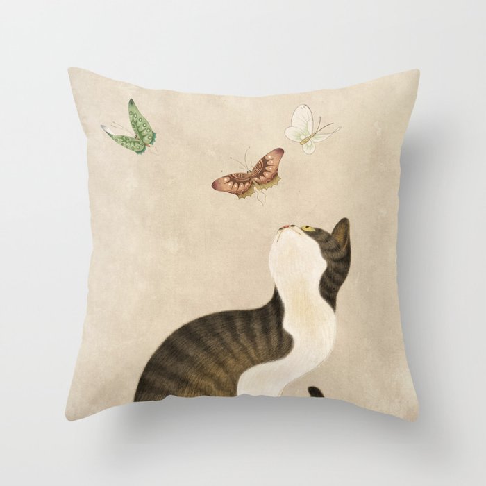 Minhwa: cat & butterflies (Korean traditional/folk art) Throw Pillow Gallery Image 1