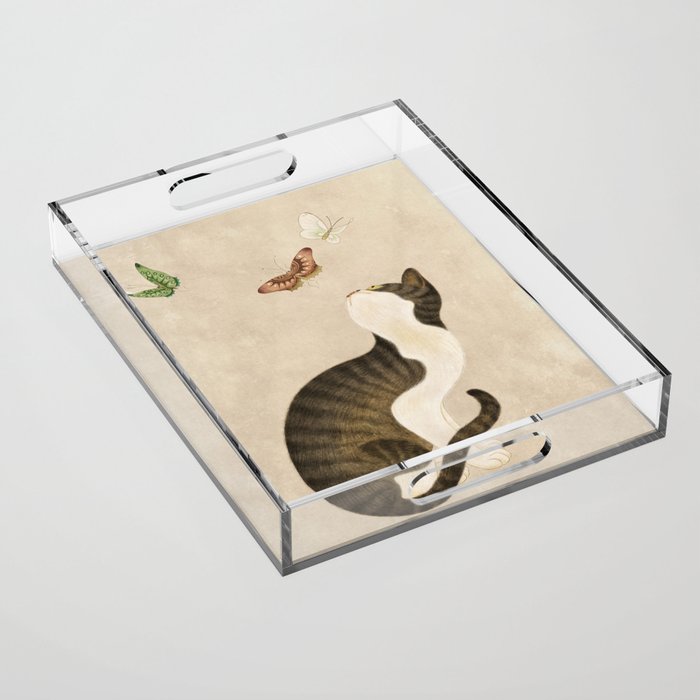 Minhwa: cat & butterflies (Korean traditional/folk art) Acrylic Tray Gallery Image 1