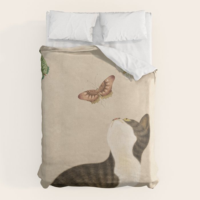 Minhwa: cat & butterflies (Korean traditional/folk art) Duvet Cover Gallery Image 1