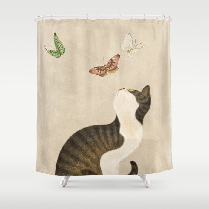 Minhwa: cat & butterflies (Korean traditional/folk art) Shower Curtain Gallery Image 1