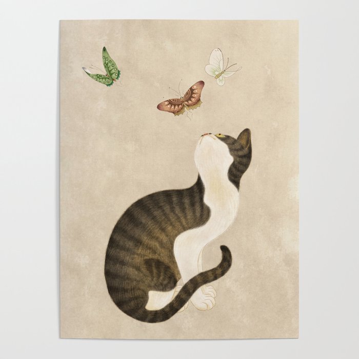 Minhwa: cat & butterflies (Korean traditional/folk art) Poster Gallery Image 1