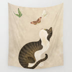 Minhwa: cat & butterflies (Korean traditional/folk art) Wall Tapestry Gallery Image 4