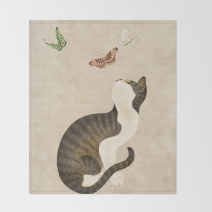 Minhwa: cat & butterflies (Korean traditional/folk art) Throw Blanket Gallery Image 2