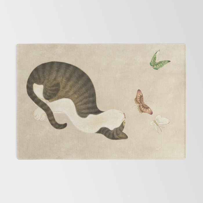 Minhwa: cat & butterflies (Korean traditional/folk art) Rug Gallery Image 2