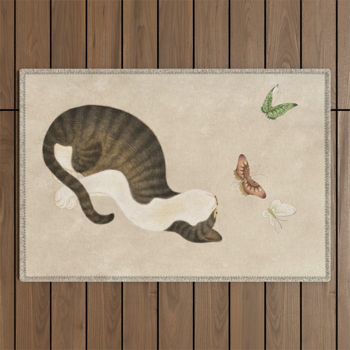 Minhwa: cat & butterflies (Korean traditional/folk art) Outdoor Rug Gallery Image 1
