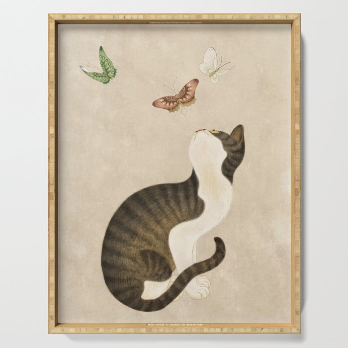 Minhwa: cat & butterflies (Korean traditional/folk art) Serving Tray Gallery Image 1