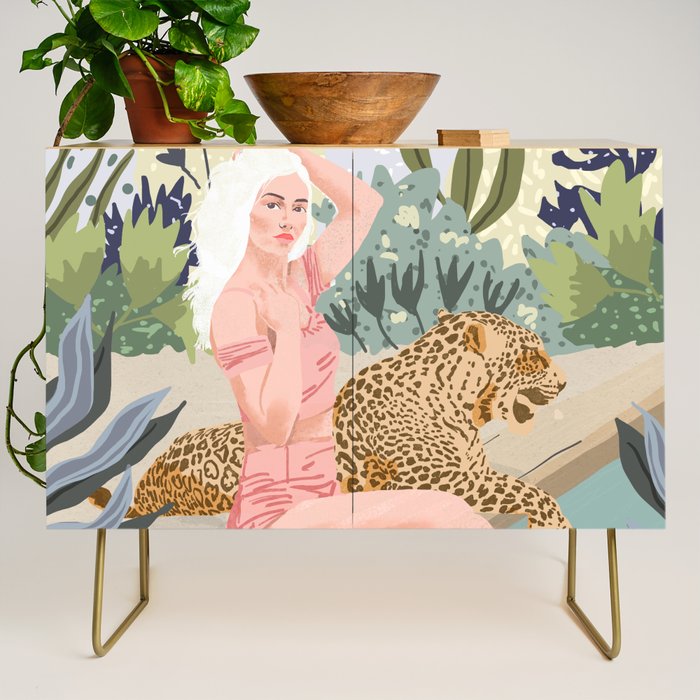 How to Train Your Leopard, Wild Cat Bohemian Woman Painting, Swimming Pool Bikini Summer Swim Animal Credenza Gallery Image 1