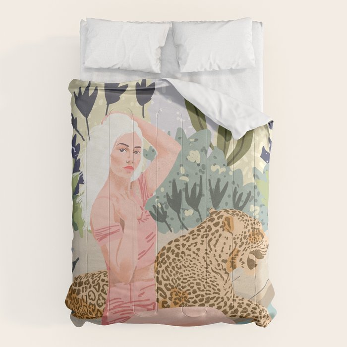 How to Train Your Leopard, Wild Cat Bohemian Woman Painting, Swimming Pool Bikini Summer Swim Animal Comforter Gallery Image 6