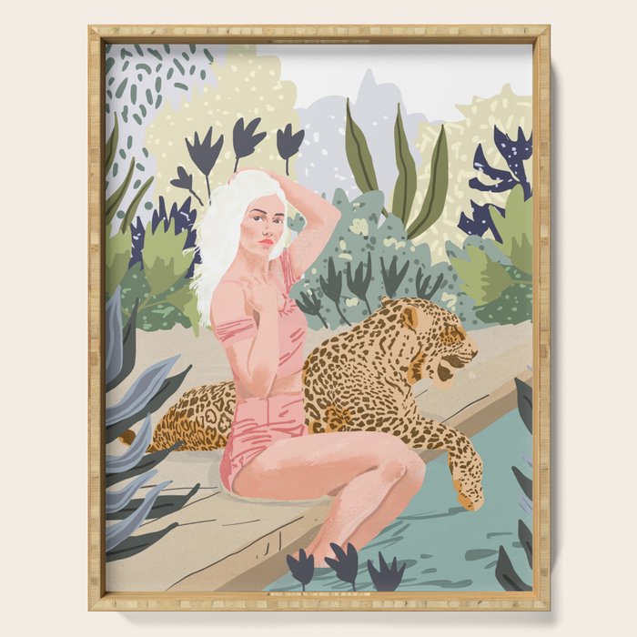 How to Train Your Leopard, Wild Cat Bohemian Woman Painting, Swimming Pool Bikini Summer Swim Animal Serving Tray Gallery Image 1