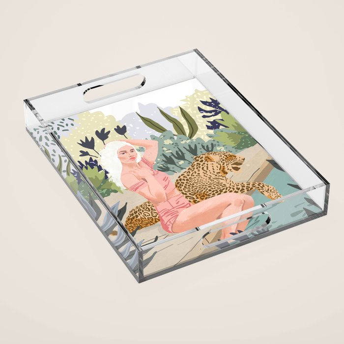 How to Train Your Leopard, Wild Cat Bohemian Woman Painting, Swimming Pool Bikini Summer Swim Animal Acrylic Tray Gallery Image 1